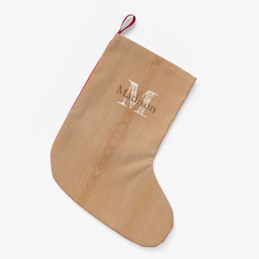 Lichtbruine houtnerf Custom Monogram Kleine Kerstsok (Voorkant (Hangend))
