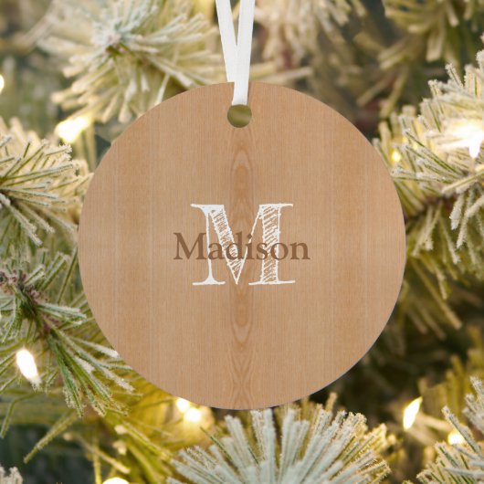 Lichtbruine houtnerf Custom Monogram Metalen Ornament (Insitu)