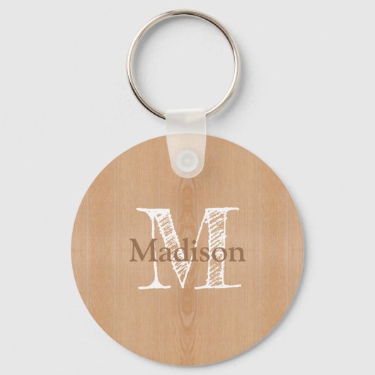 Lichtbruine houtnerf Custom Monogram Sleutelhanger (Voorkant)