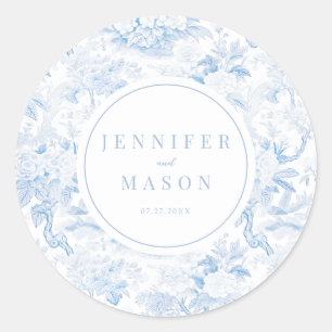 Lichte blauwe chinoiserie trouwmonogramstickers ronde sticker