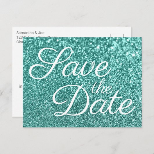 Lichte Blauwgroen Bokeh Glitter sparen de Datum Briefkaart (Voorkant / Achterkant)