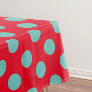 Lichte Blauwgroen poka-punten op helder rood Tafelkleed