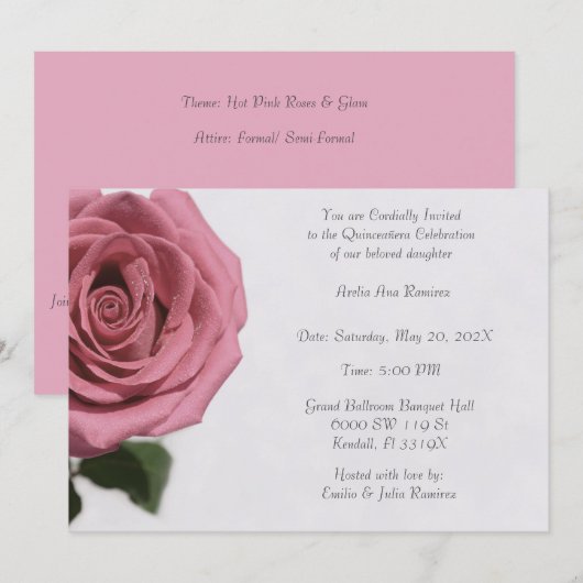 Lichte Bord Roze Rose Quinceañera Kaart (Voorkant / Achterkant)