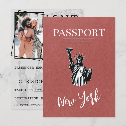 Lichte Bourgogne New York City Passport Save The Date (Voorkant / Achterkant)