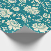 Lichte crème en Blauwgroen-groene Floral-Damaskers Cadeaupapier (Hoek)