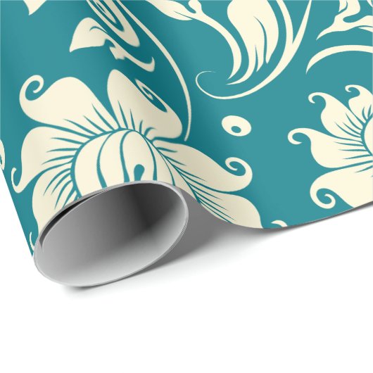 Lichte crème en Blauwgroen-groene Floral-Damaskers Cadeaupapier (Rol Hoek)