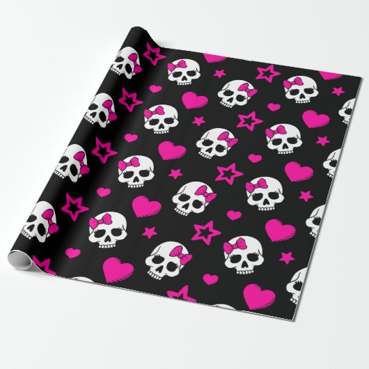 Lichte Gothic Skulls in helderroze Cadeaupapier (Uitgerold)