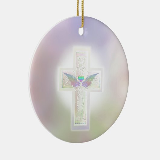 Lichte pastelparelkruis met hart- en engelvleugel keramisch ornament (Rechts)