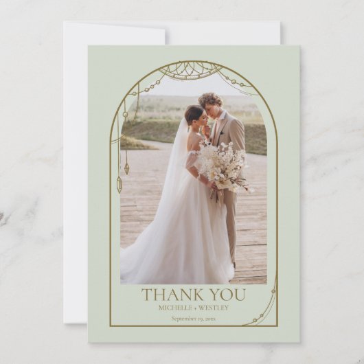 Lichte Sage Groene Boho Beaded Arch Lijst bruiloft Bedankkaart (Voorkant)