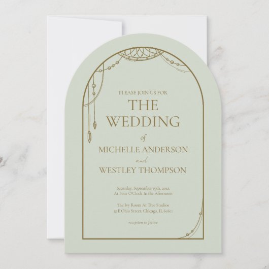 Lichte Sage Groene Boho Beaded Arch Lijst bruiloft Kaart (Voorkant)