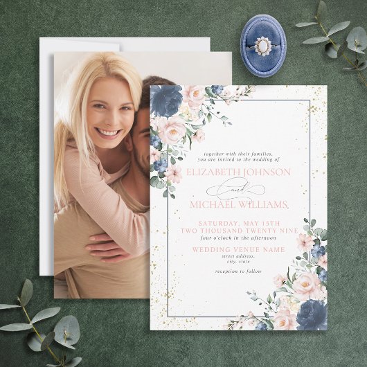 Lichte Stof Blauwe Blos Witte Roze Gouden Bloem Fo Kaart