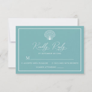 Lichte Teal Blauwe Strand Schelp Elegante Trouwdag RSVP Kaartje