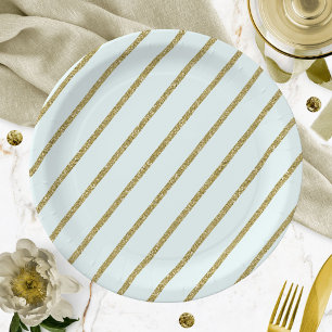 Lichte Teal Gouden Glitter Streep Patroon Papieren Bordje