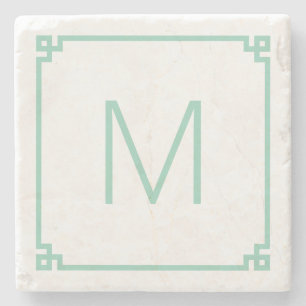 Lichte Teal Griekse Sleutelrand Monogram Stenen Onderzetter