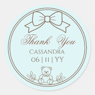 Lichte turquoise gepersonaliseerde teddybeer strik ronde sticker