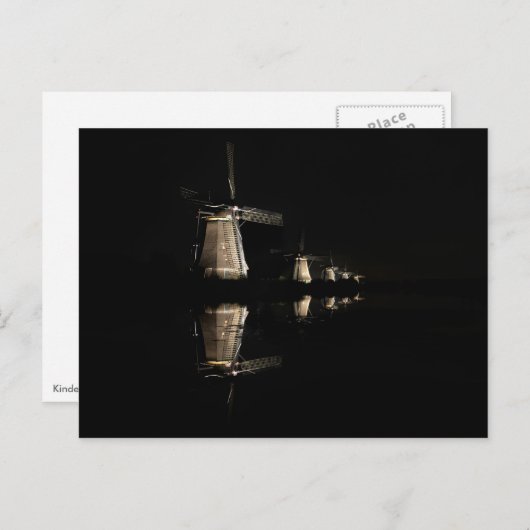 Lichte windmolens in het briefkaart Kinderdijk (Voorkant / Achterkant)