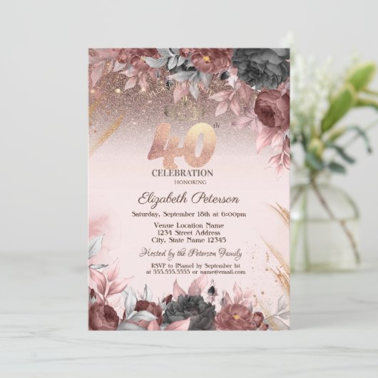 Lichten, chique bloemen glitter 40e verjaardag kaart (Staand voorkant)