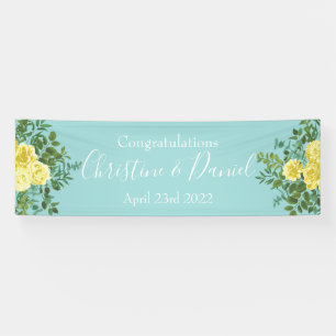 Lichtgeel & Teal Aqua Roze Bloem Bruiloft Spandoek