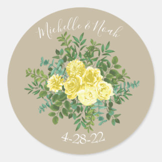Lichtgele en Khaki Ecru Roos Floral Wedding Ronde Sticker