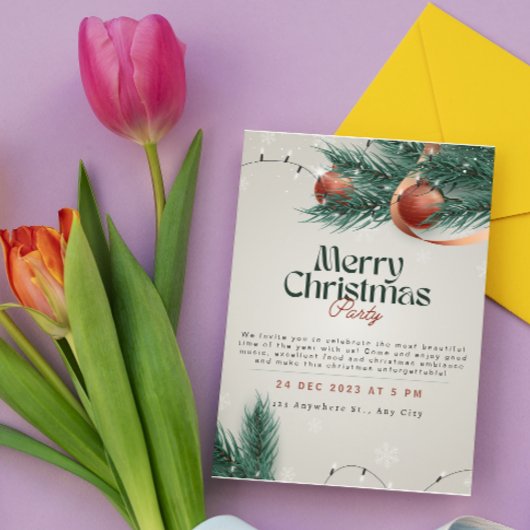 Lichtgrijze & groene kerstfeest uitnodiging