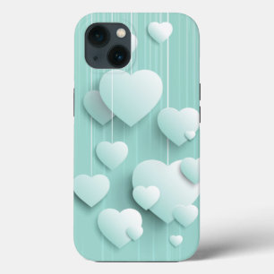 Lichtgroene achtergrond met 3D witte harten iPhone 13 Hoesje