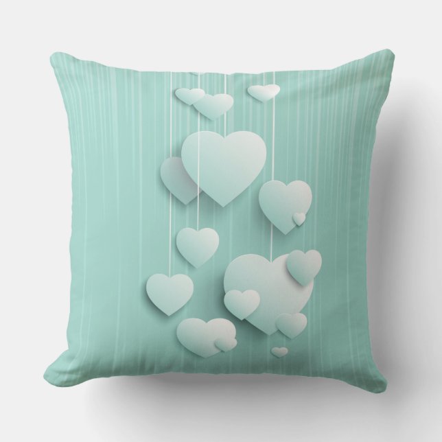 Lichtgroene achtergrond met 3D witte harten Kussen (Voorkant)