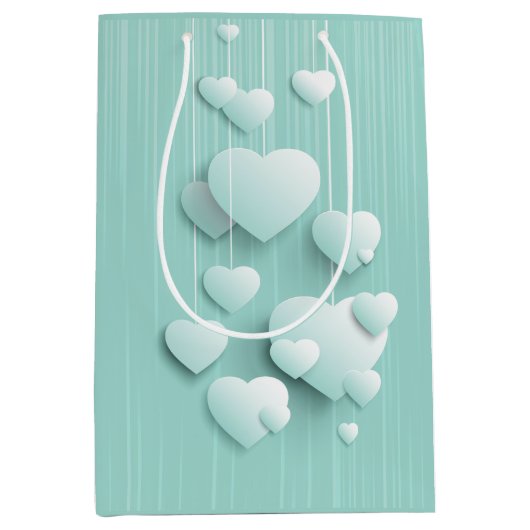 Lichtgroene achtergrond met 3D witte harten Medium Cadeauzakje (Voorkant)