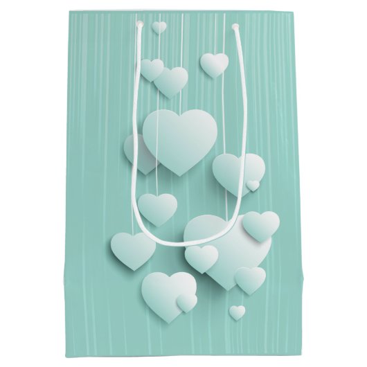 Lichtgroene achtergrond met 3D witte harten Medium Cadeauzakje (Achterkant)