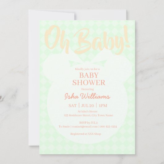 Lichtgroene Beer Oranje Oh Baby Shower Uitnodiging (Voorkant)