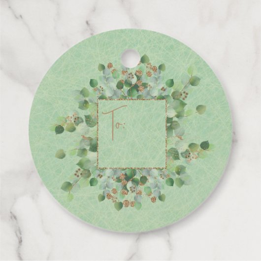 Lichtgroene glitter Botanische Eucalyptus Aangepas Bedankjes Labels (Achterkant)