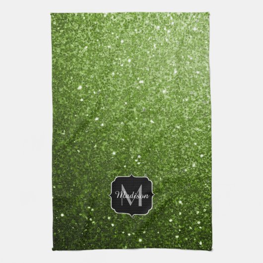 Lichtgroene groene glitter sparkles Monogram Theedoek (Verticaal)