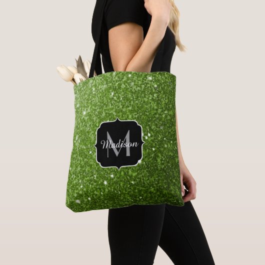 Lichtgroene groene glitter sparkles Monogram Tote Bag (Dichtbij)