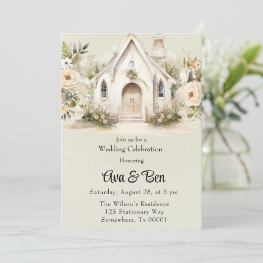 Lichtgroene witte kerk bruiloft viering kaart (Staand voorkant)