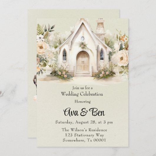 Lichtgroene witte kerk bruiloft viering kaart (Voorkant / Achterkant)