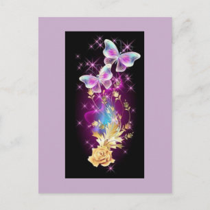 Lichtpaarse en blauwe vlinder met gouden roos briefkaart