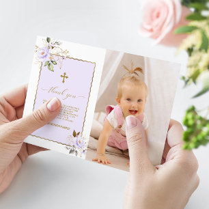 Lichtpaarse Gouden Bloemen Foto Meisje Doop Bedankkaart