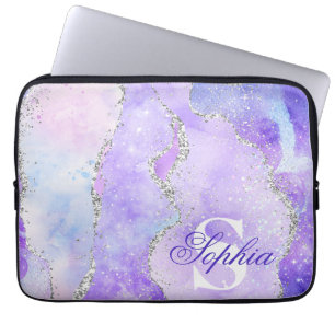 Lichtpaarse & Zilveren Nep Glitter Agate Monogram Laptop Sleeve