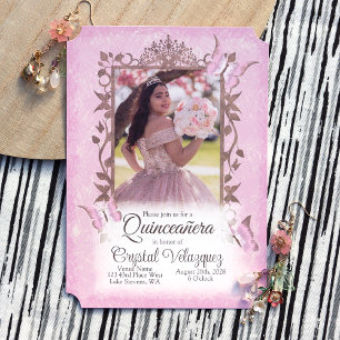 Lichtroze beige vlinders,  quinceanera kaart