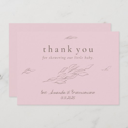 Lichtroze Dank u met de hand getrokken bladeren El Bedankkaart (Voorkant / Achterkant)