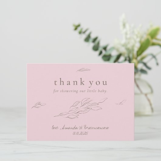 Lichtroze Dank u met de hand getrokken bladeren El Bedankkaart (Staand voorkant)