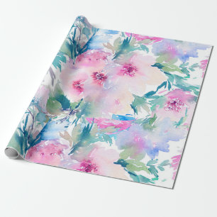 Lichtroze en blauwe waterkleurstoffen bloemen coll cadeaupapier