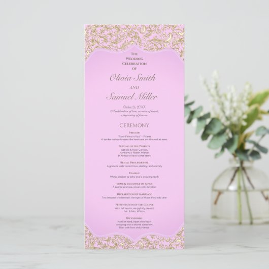 Lichtroze en goud elegant Damask huwelijksprogramm Programma (Staand voorkant)