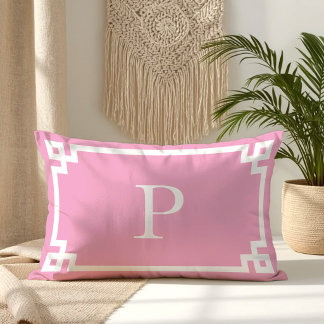 Lichtroze en witte Griekse Sleutel Monogram Kussen