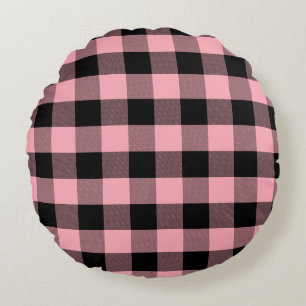 Lichtroze en zwarte Buffalo Plaid Rond Kussen