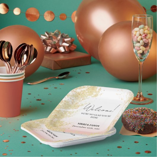 Lichtroze Glitter Gouden Splash Bruiloft Welkom Papieren Bordje (Multi)