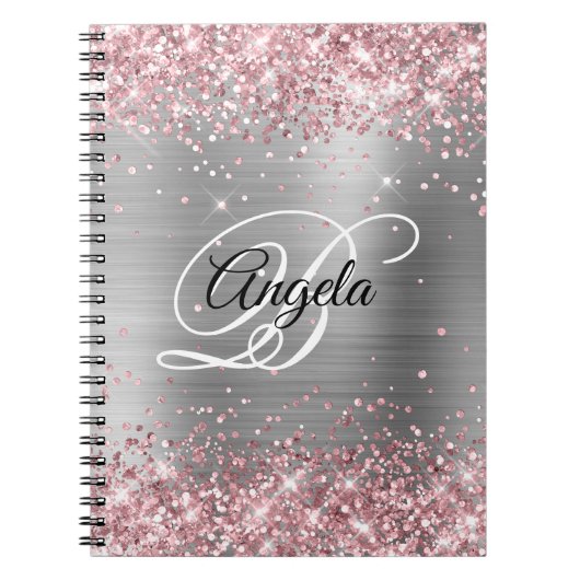 Lichtroze Glitter Metallic Silver Fancy Monogram Notitieboek (Voorkant)