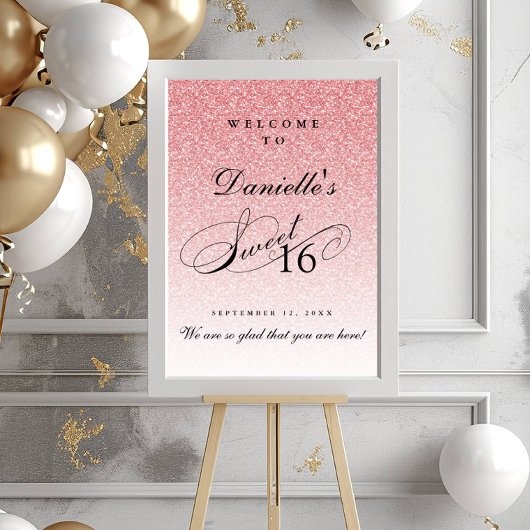 Lichtroze Glitter Sweet 16 Gepersonaliseerd Welkom Poster