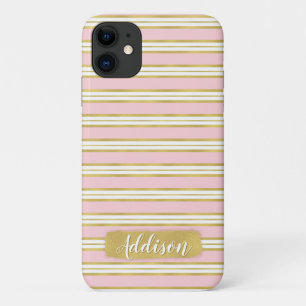 Lichtroze gouden band Patroon Aangepaste naam iPhone 11 Hoesje