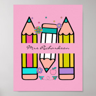 Lichtroze Kleurrijke Onderwijs Cartoon Potlood Pos Poster