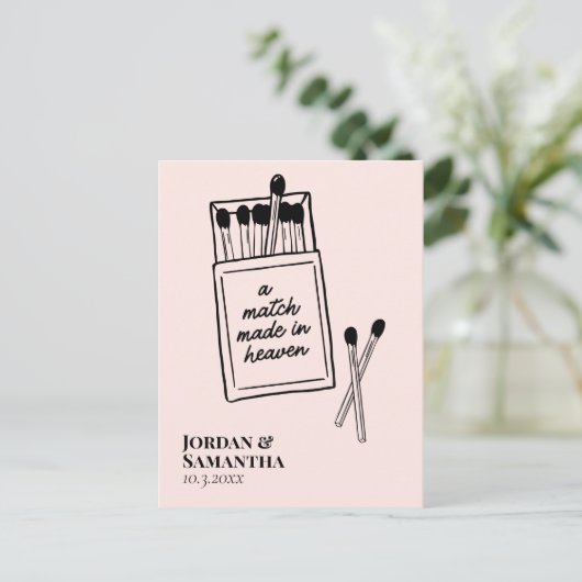 Lichtroze Match Made in Heaven Save the Date Briefkaart (Staand voorkant)
